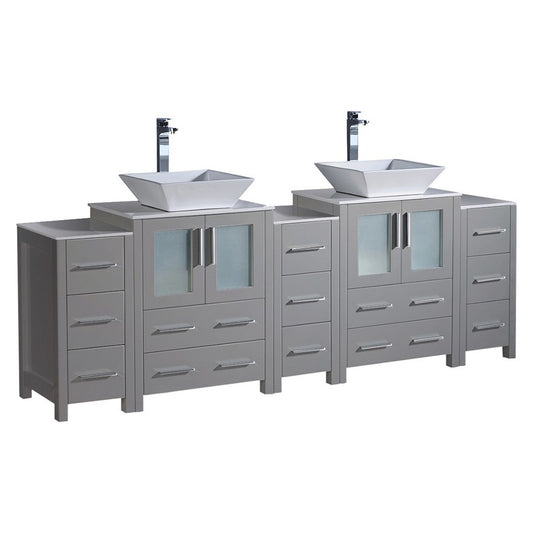 84 Gray Double Sink Bathroom Cabinets w/ Tops & Vessel Sinks, FCB62-72GR-CWH-V