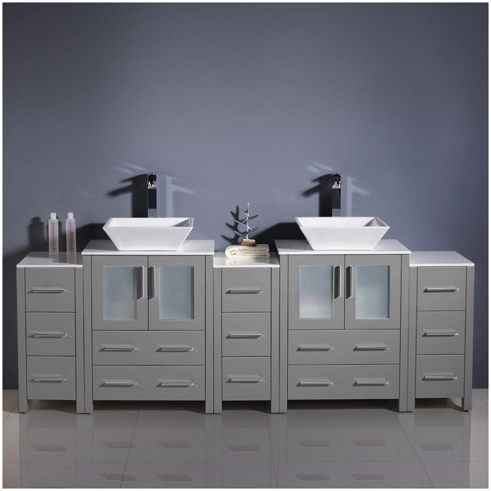 84 Gray Double Sink Bathroom Cabinets w/ Tops & Vessel Sinks, FCB62-72GR-CWH-V