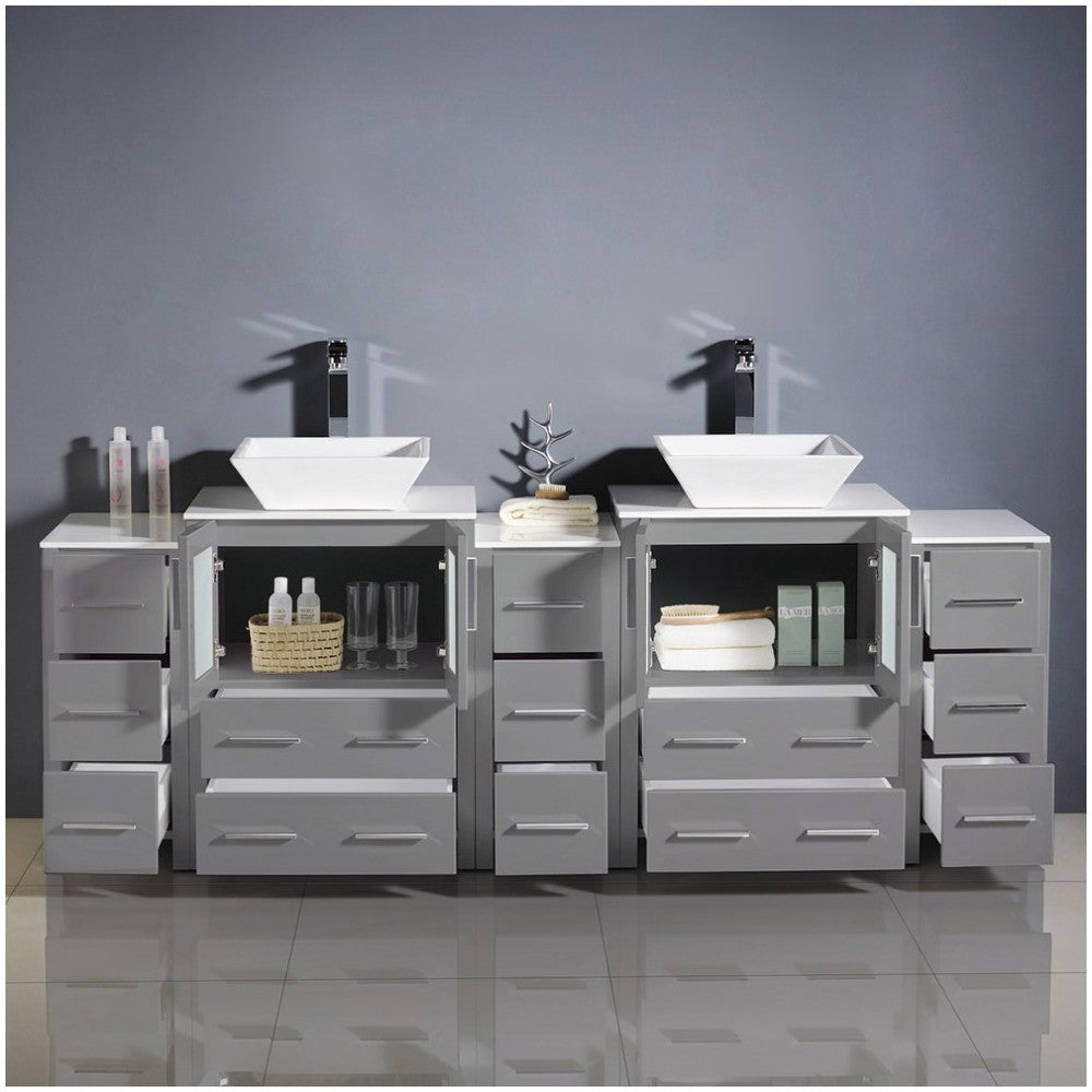 84 Gray Double Sink Bathroom Cabinets w/ Tops & Vessel Sinks, FCB62-72GR-CWH-V