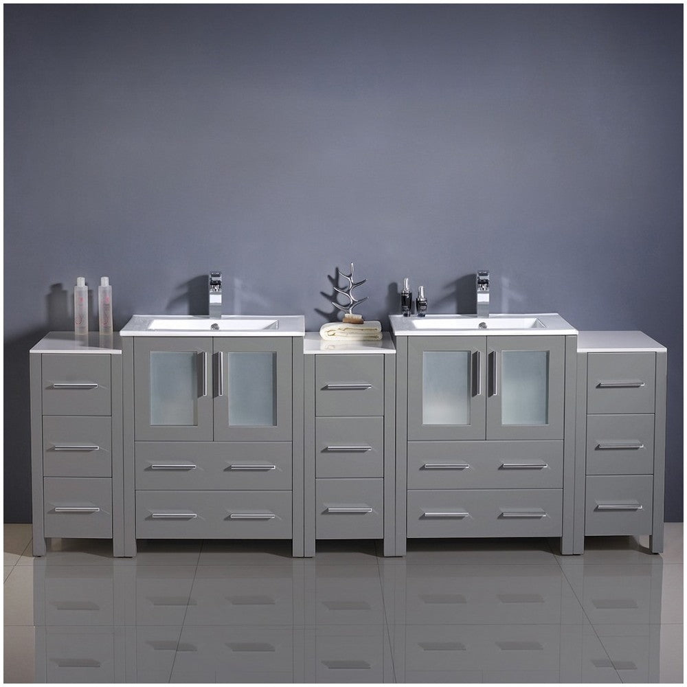 84 Gray Modern Double Sink Bathroom Cabinets w/ Integrated Sinks, FCB62-72GR-I