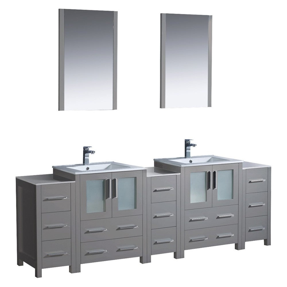 84 Gray Modern Double Sink Bathroom Vanity w/ 3 Side Cabinets & Integrated Sinks