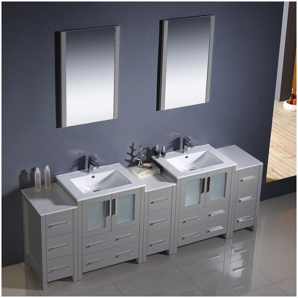 84 Gray Modern Double Sink Bathroom Vanity w/ 3 Side Cabinets & Integrated Sinks