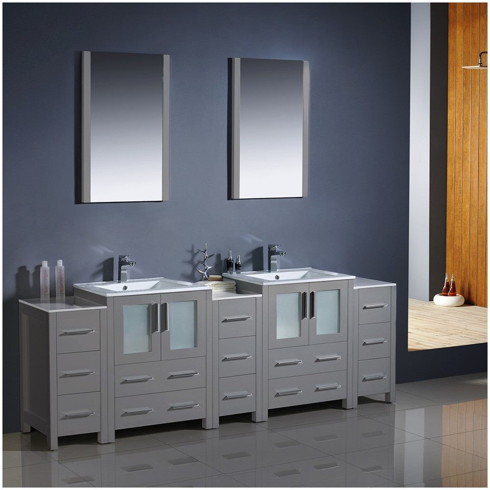 84 Gray Modern Double Sink Bathroom Vanity w/ 3 Side Cabinets & Integrated Sinks