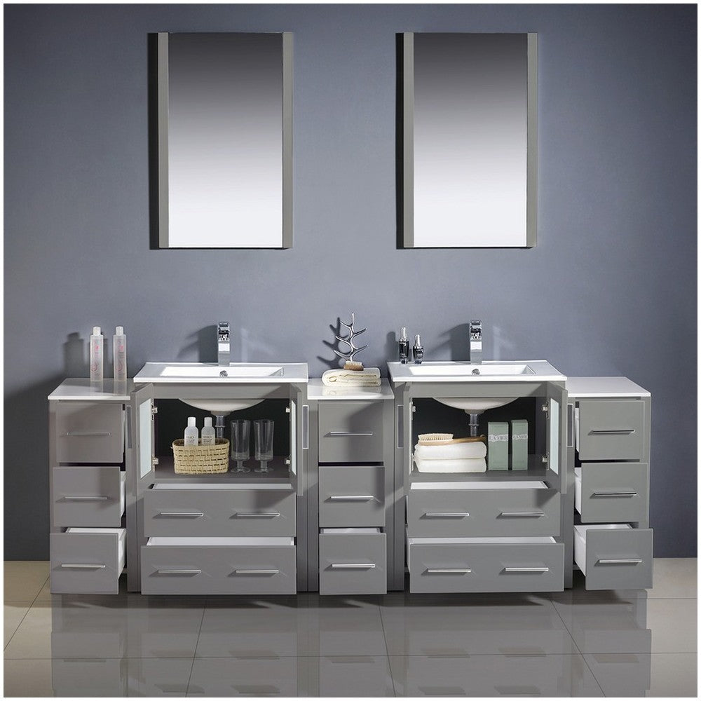 84 Gray Modern Double Sink Bathroom Vanity w/ 3 Side Cabinets & Integrated Sinks