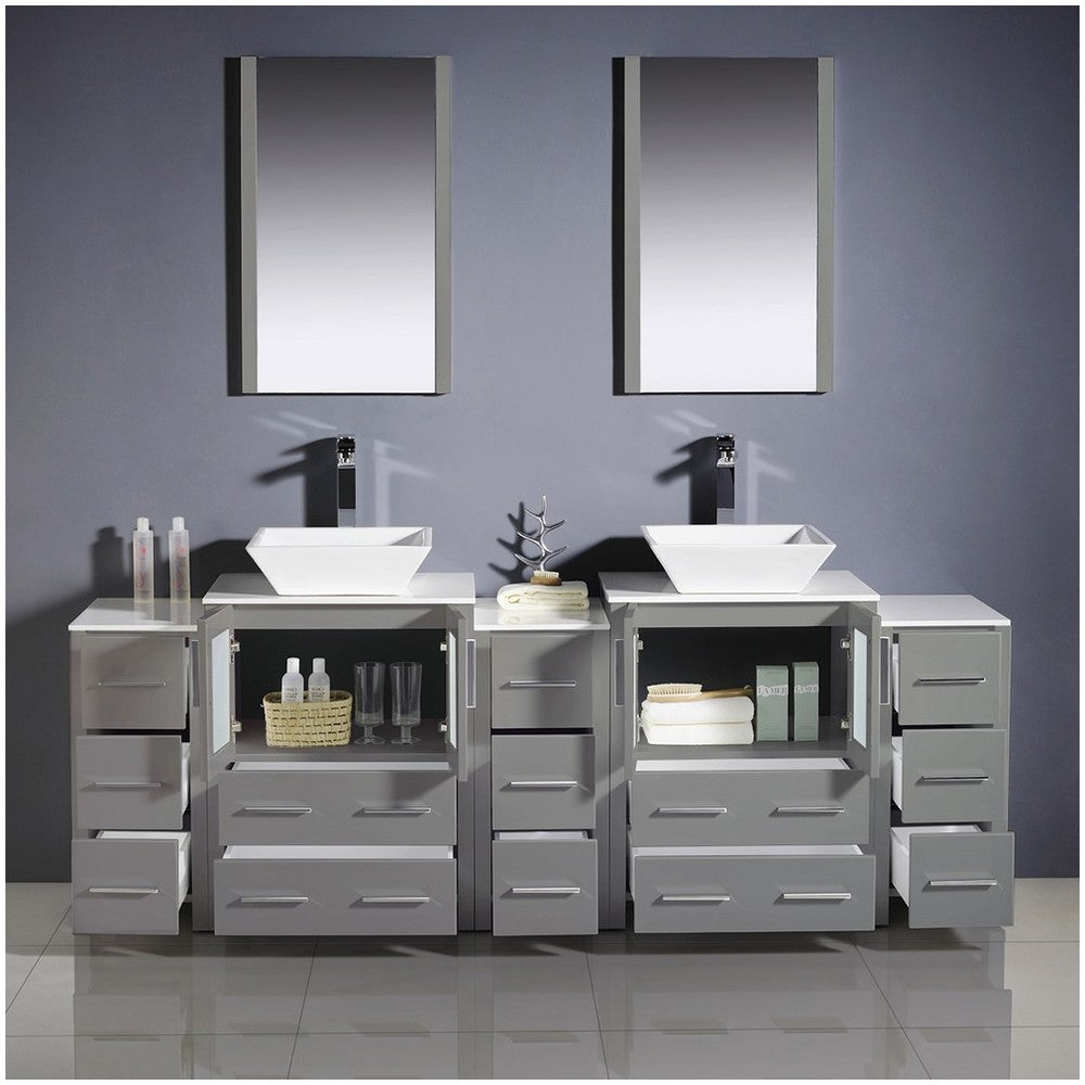 84 Gray Modern Double Sink Bathroom Vanity w/ 3 Side Cabinets & Vessel Sinks