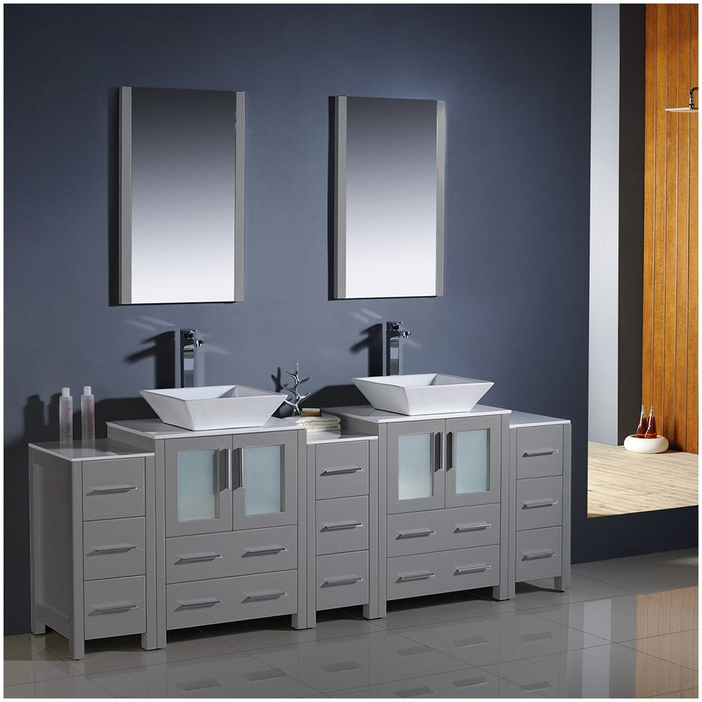 84 Gray Modern Double Sink Bathroom Vanity w/ 3 Side Cabinets & Vessel Sinks