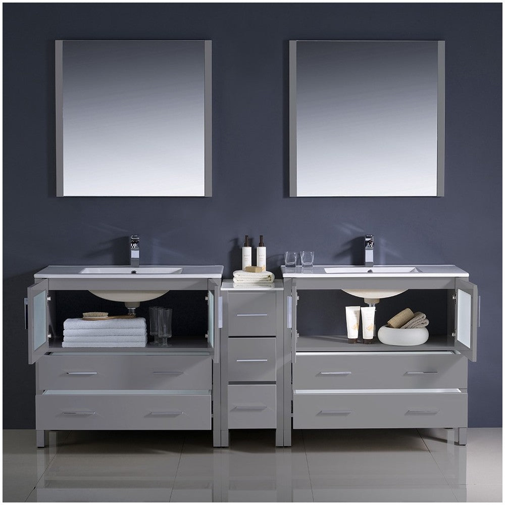 84 Gray Modern Double Sink Bathroom Vanity w/ Side Cabinet & Integrated Sinks