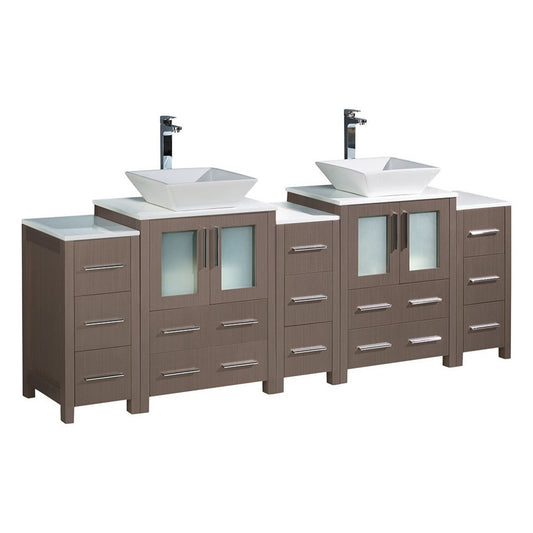 84 Gray Oak DBL Sink Bathroom Cabinets w/ Tops & Vessel Sinks, FCB62-72GO-CWH-V