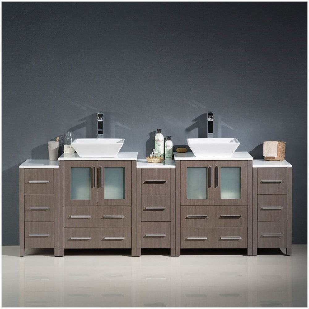 84 Gray Oak DBL Sink Bathroom Cabinets w/ Tops & Vessel Sinks, FCB62-72GO-CWH-V