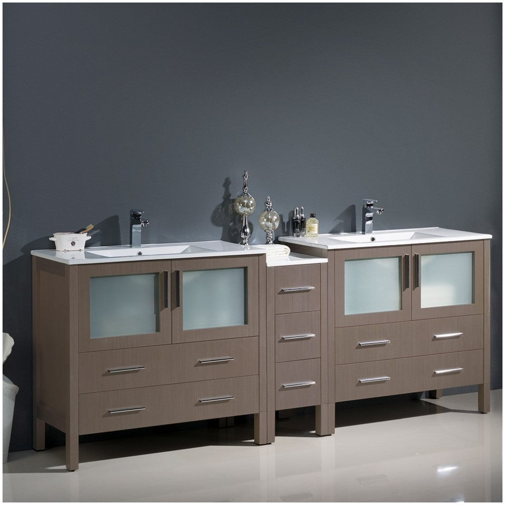 84 Gray Oak Double Sink Bathroom Cabinets w/ Integrated Sinks, FCB62-361236GO-I
