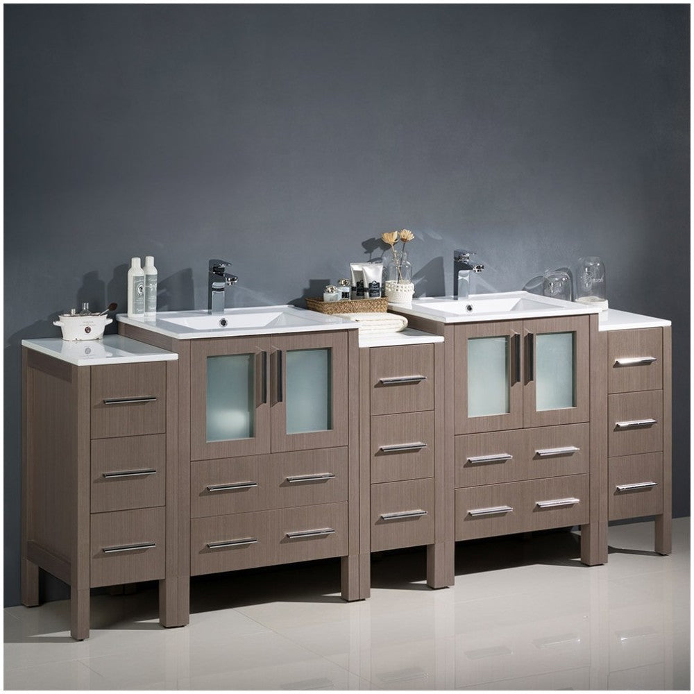84 Gray Oak Double Sink Bathroom Cabinets w/ Integrated Sinks, FCB62-72GO-I