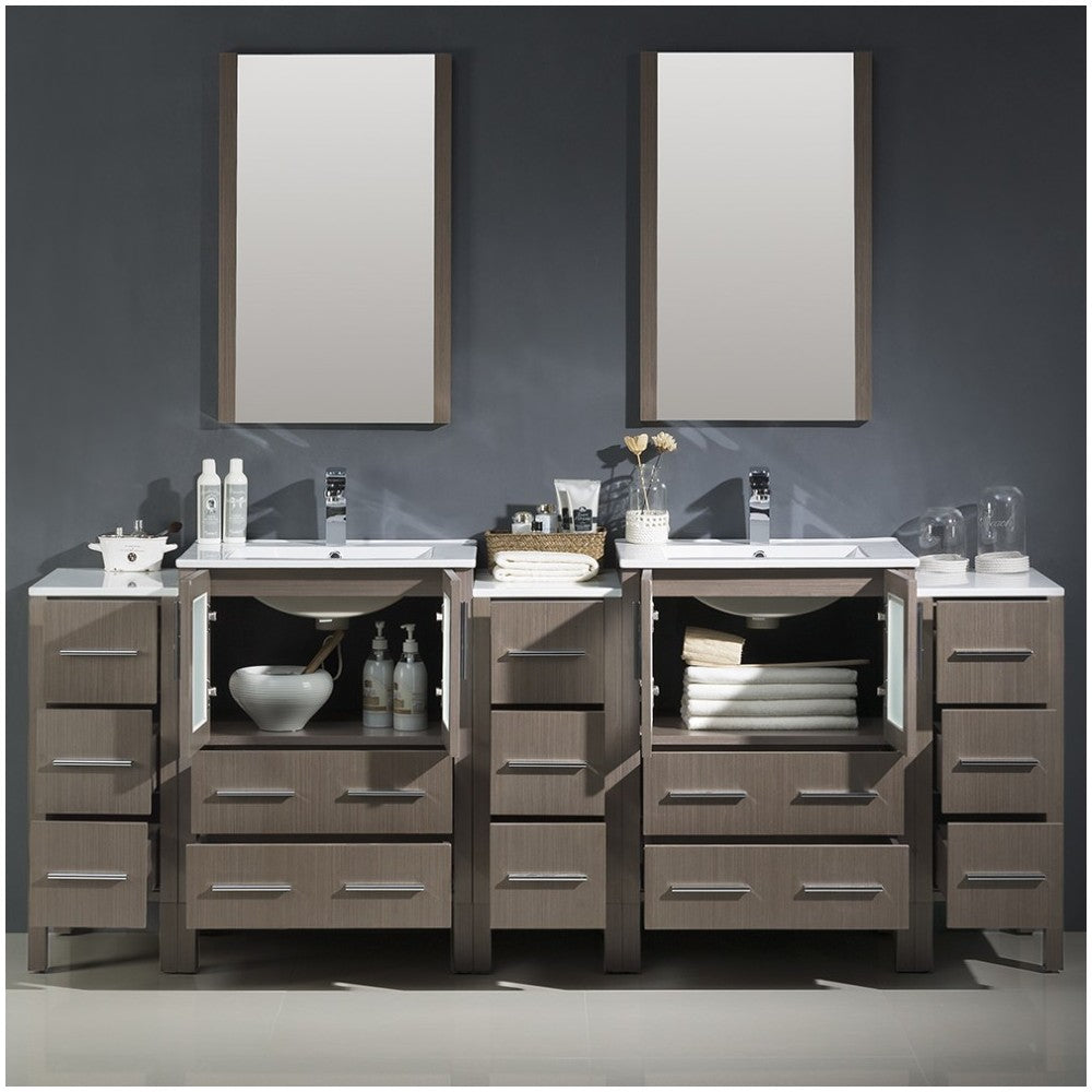 84 Gray Oak Double Sink Bathroom Vanity w/ 3 Side Cabinets & Integrated Sinks