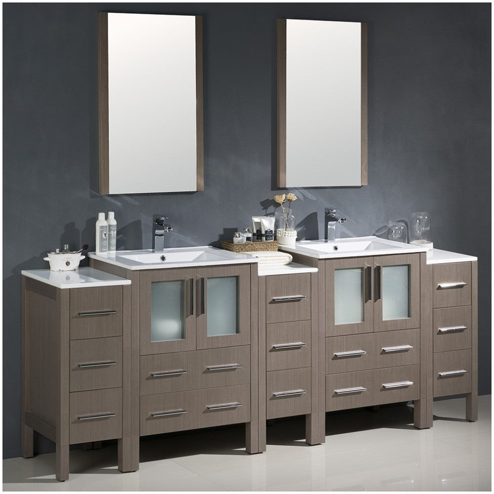 84 Gray Oak Double Sink Bathroom Vanity w/ 3 Side Cabinets & Integrated Sinks