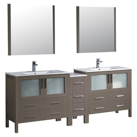 84 Gray Oak Double Sink Bathroom Vanity w/ Side Cabinet & Integrated Sinks