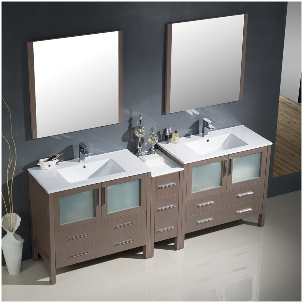 84 Gray Oak Double Sink Bathroom Vanity w/ Side Cabinet & Integrated Sinks