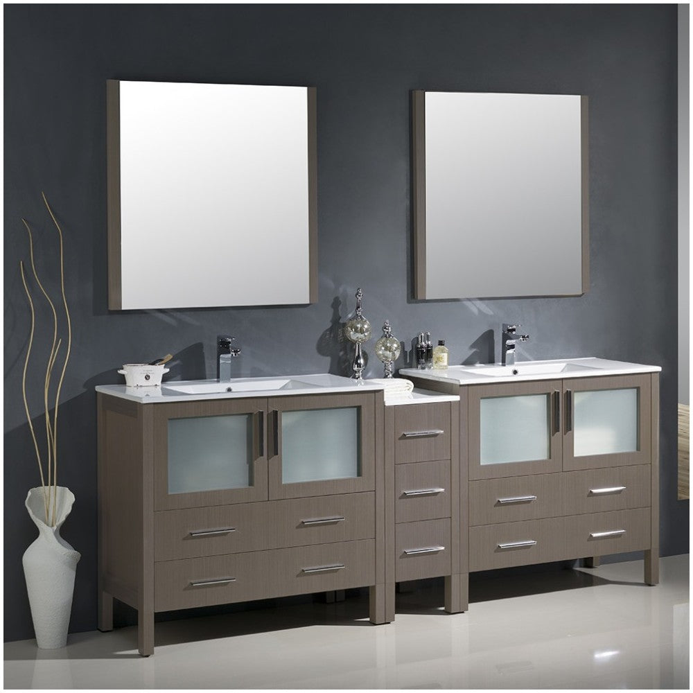 84 Gray Oak Double Sink Bathroom Vanity w/ Side Cabinet & Integrated Sinks