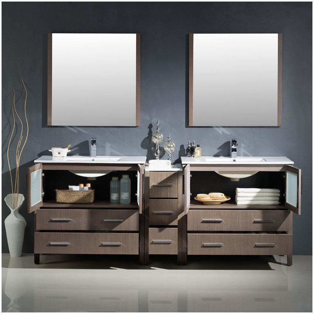 84 Gray Oak Double Sink Bathroom Vanity w/ Side Cabinet & Integrated Sinks