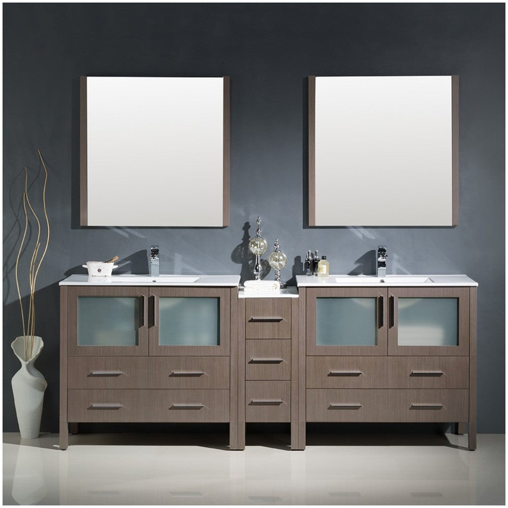 84 Gray Oak Double Sink Bathroom Vanity w/ Side Cabinet & Integrated Sinks