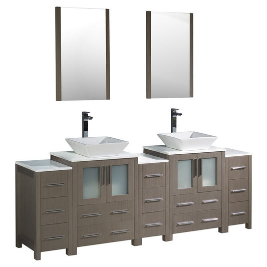 84 Gray Oak Modern Double Sink Bathroom Vanity w/ 3 Side Cabinets & Vessel Sinks