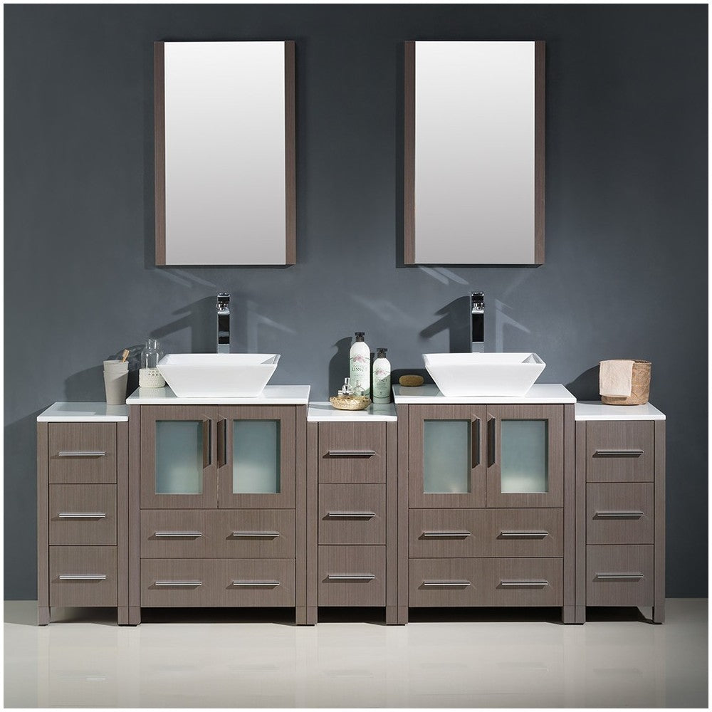 84 Gray Oak Modern Double Sink Bathroom Vanity w/ 3 Side Cabinets & Vessel Sinks