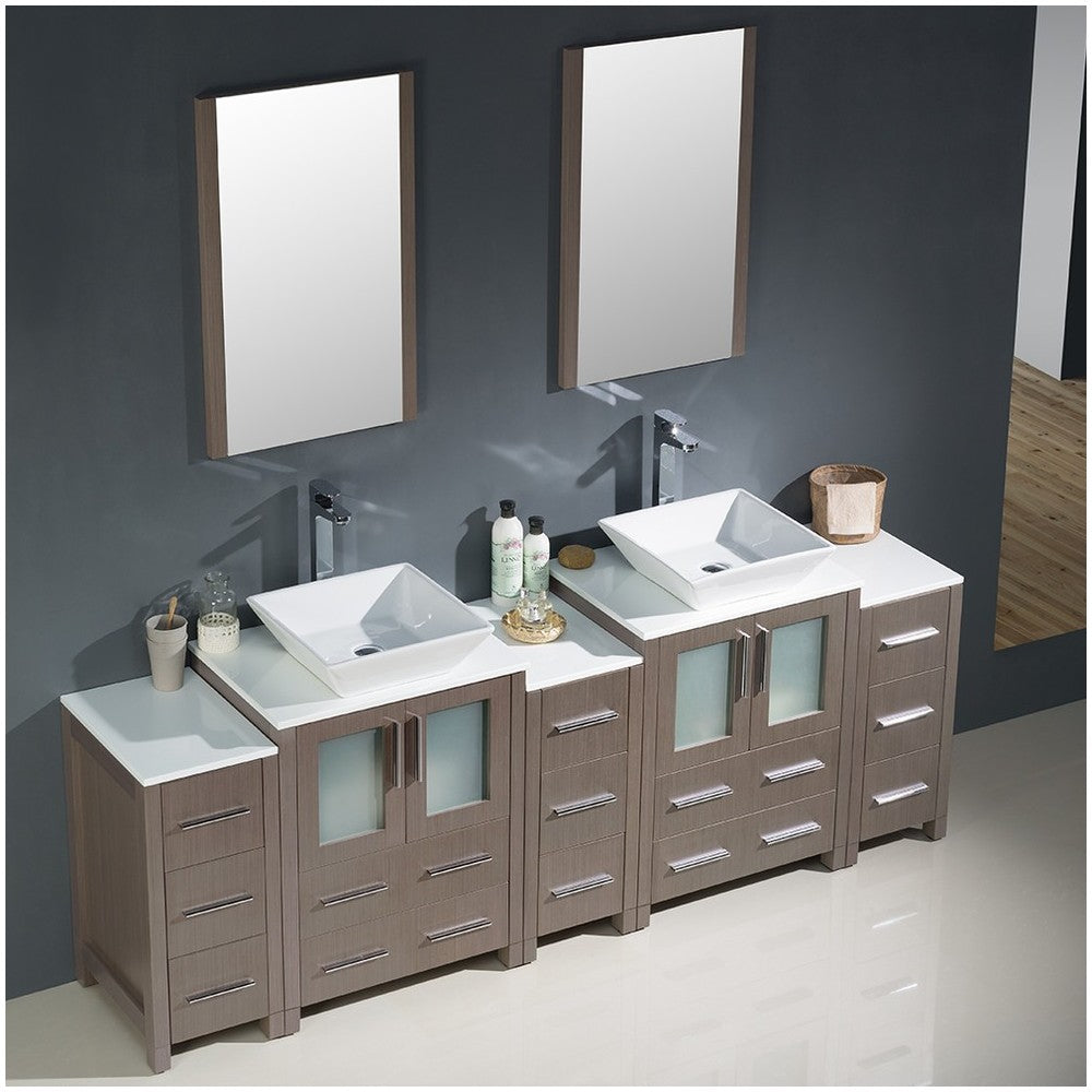 84 Gray Oak Modern Double Sink Bathroom Vanity w/ 3 Side Cabinets & Vessel Sinks