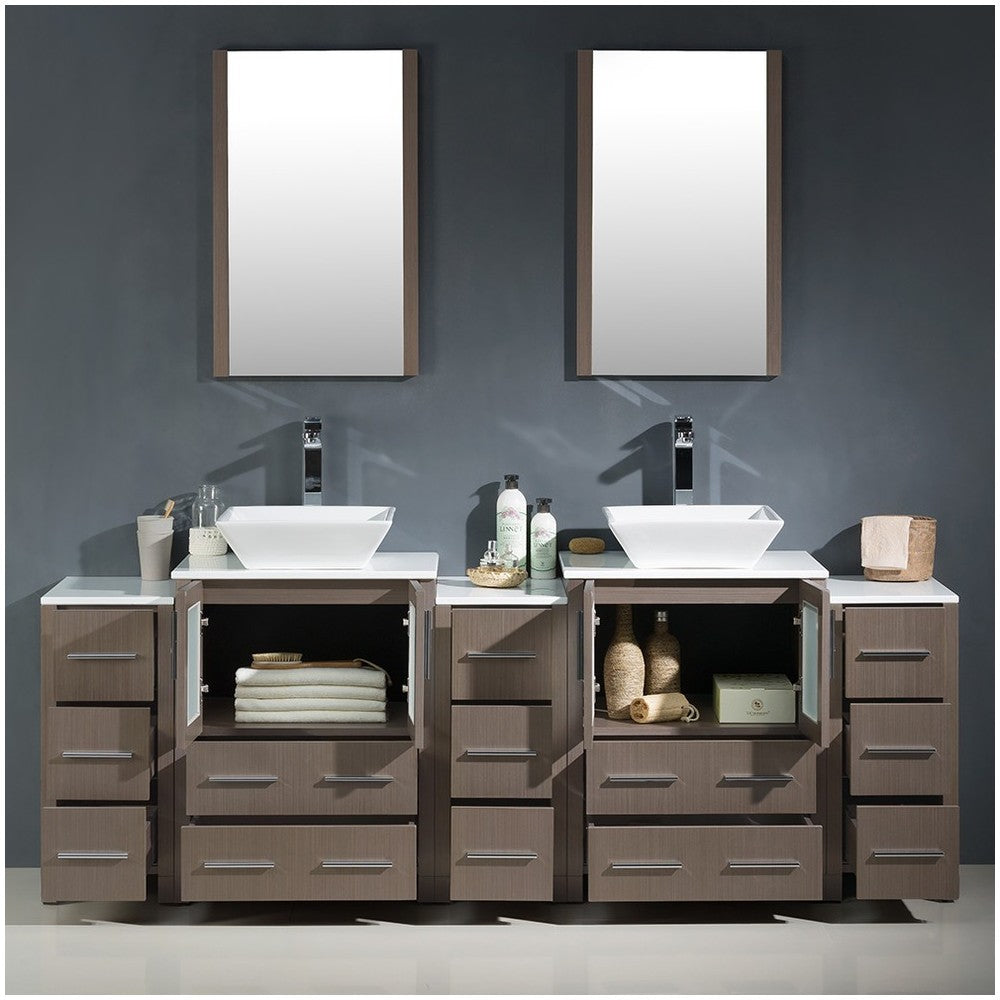 84 Gray Oak Modern Double Sink Bathroom Vanity w/ 3 Side Cabinets & Vessel Sinks