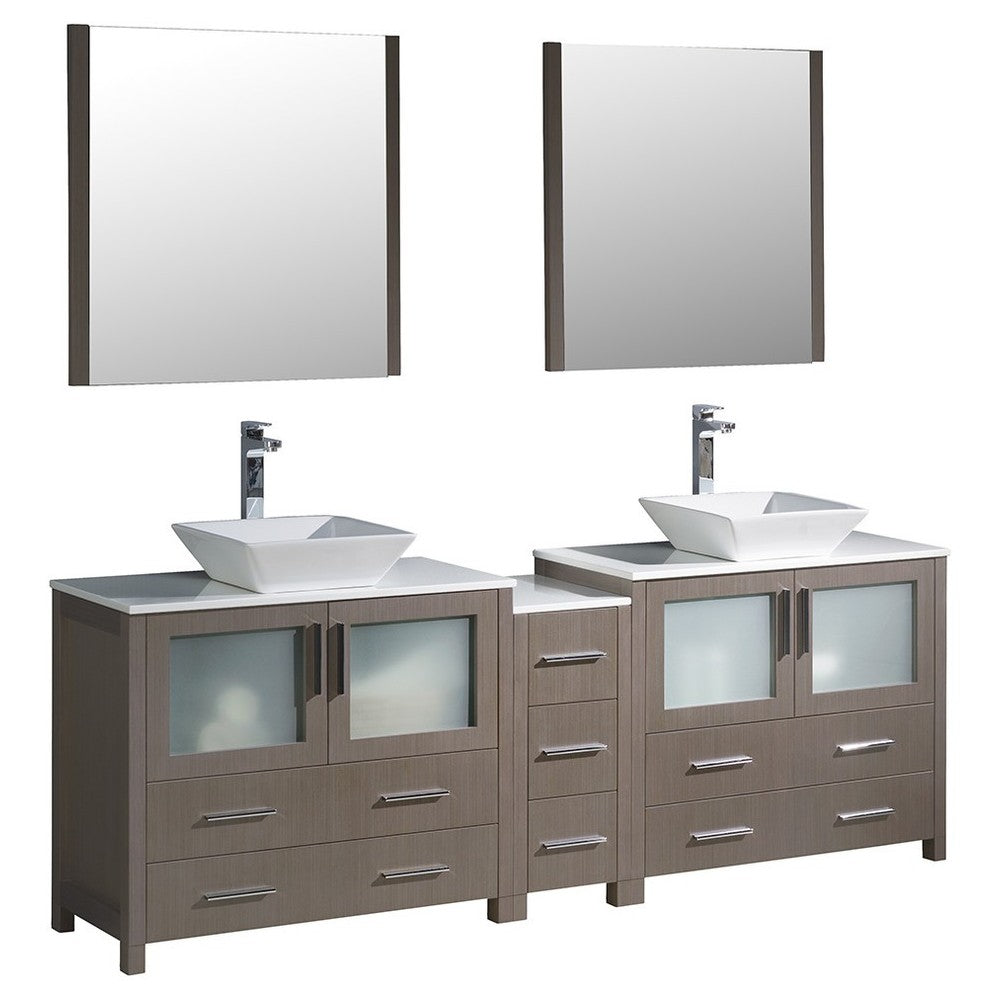 84 Gray Oak Modern Double Sink Bathroom Vanity w/ Side Cabinet & Vessel Sinks