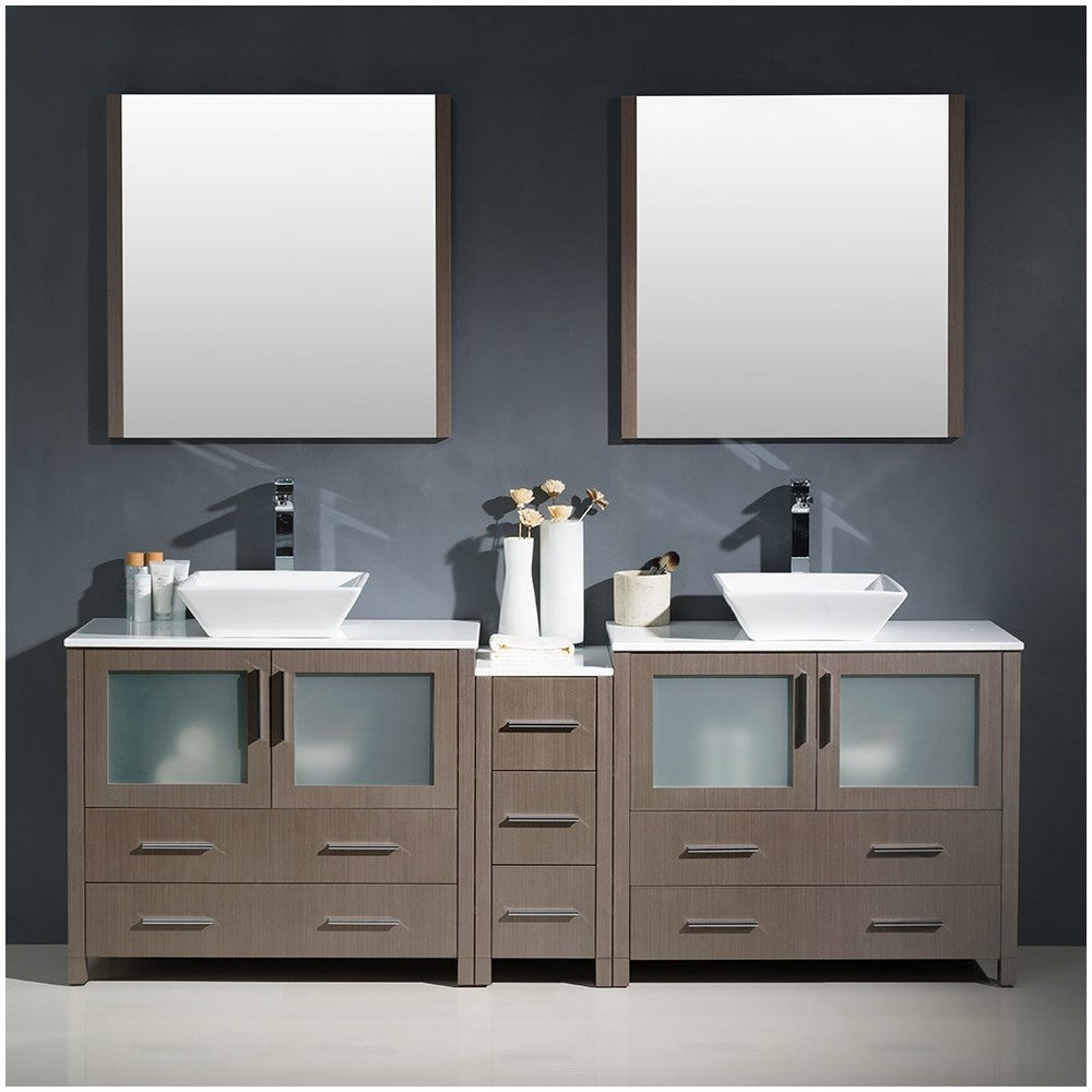 84 Gray Oak Modern Double Sink Bathroom Vanity w/ Side Cabinet & Vessel Sinks