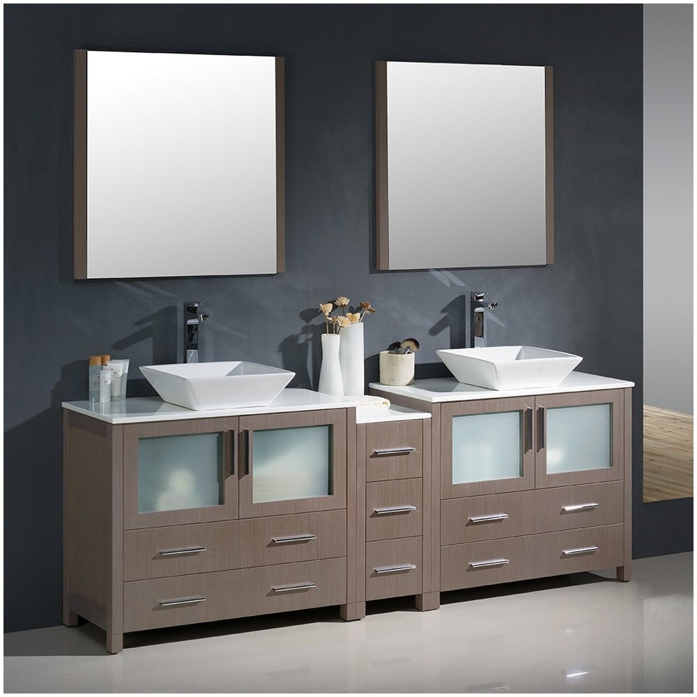 84 Gray Oak Modern Double Sink Bathroom Vanity w/ Side Cabinet & Vessel Sinks