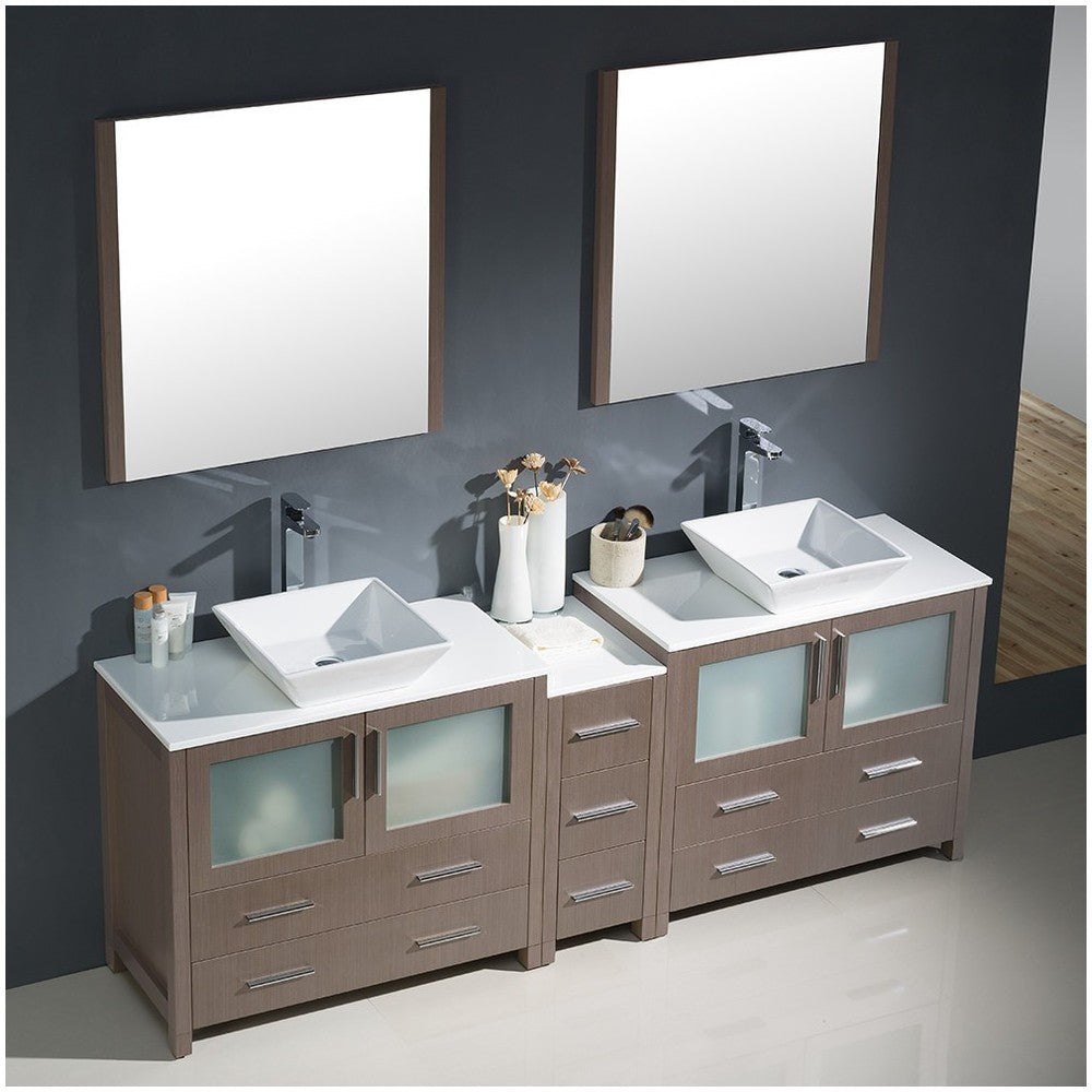 84 Gray Oak Modern Double Sink Bathroom Vanity w/ Side Cabinet & Vessel Sinks