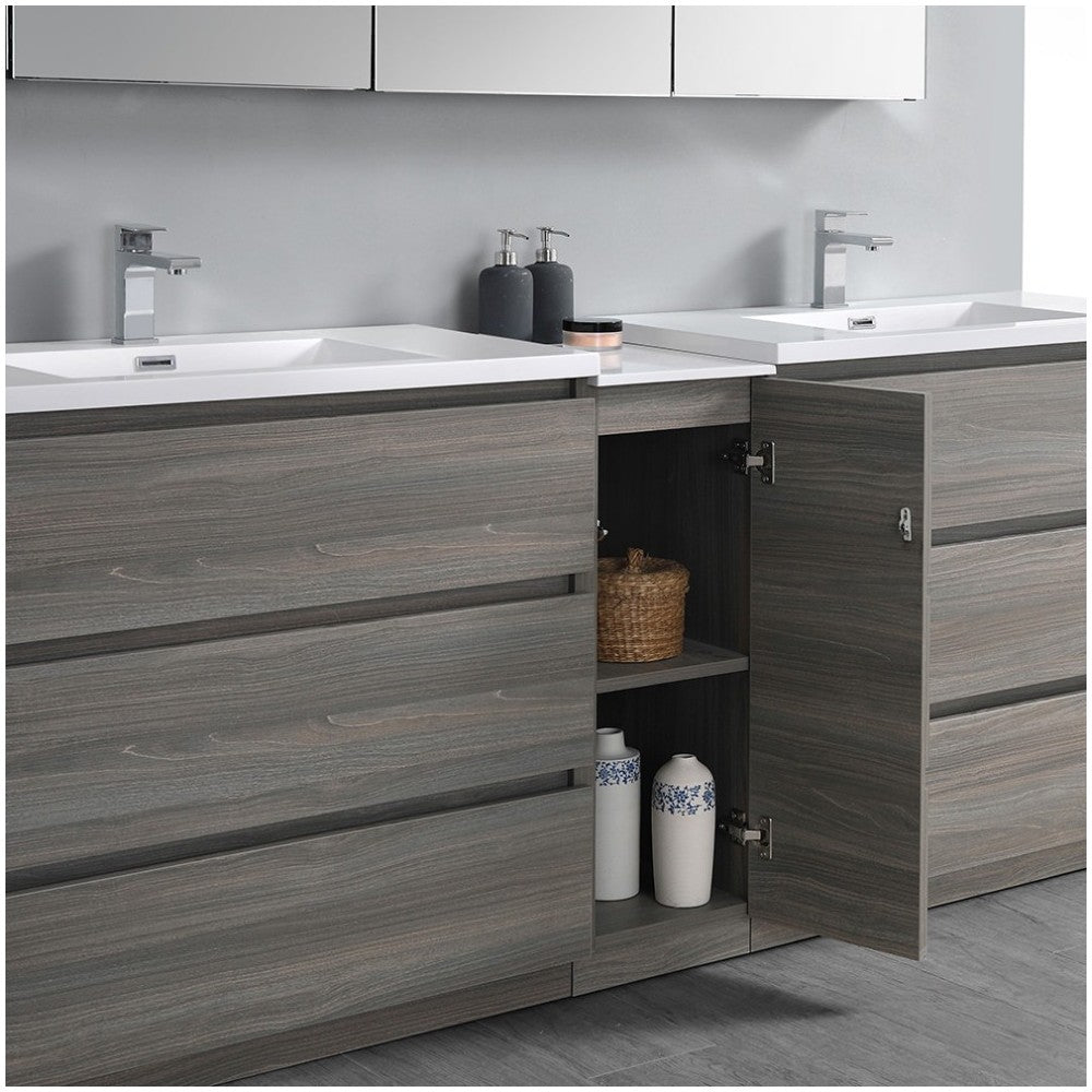 84 Gray Wood Free Standing Double Sink Bathroom Cabinet w/ Integrated Sinks