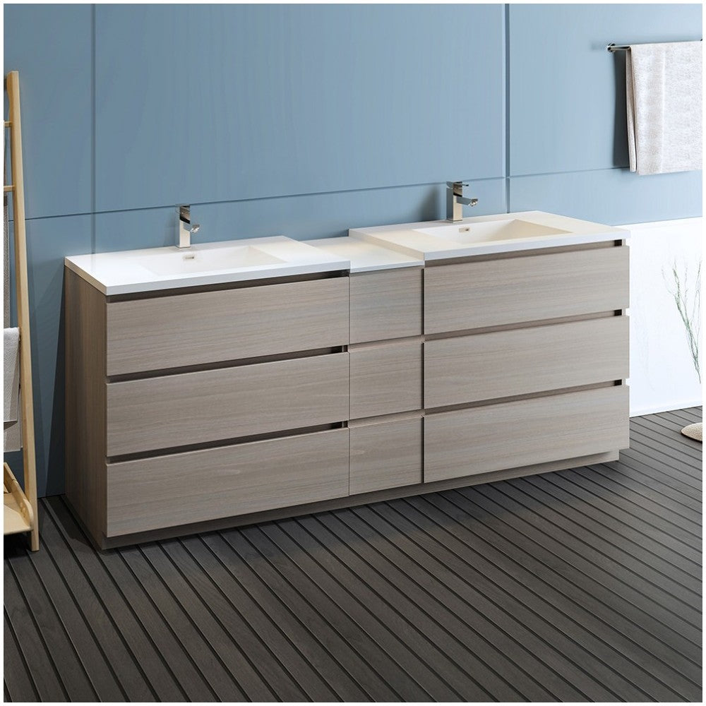 84 Gray Wood Free Standing Double Sink Bathroom Cabinet w/ Integrated Sinks