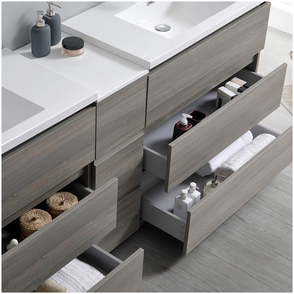 84 Gray Wood Free Standing Double Sink Bathroom Cabinet w/ Integrated Sinks