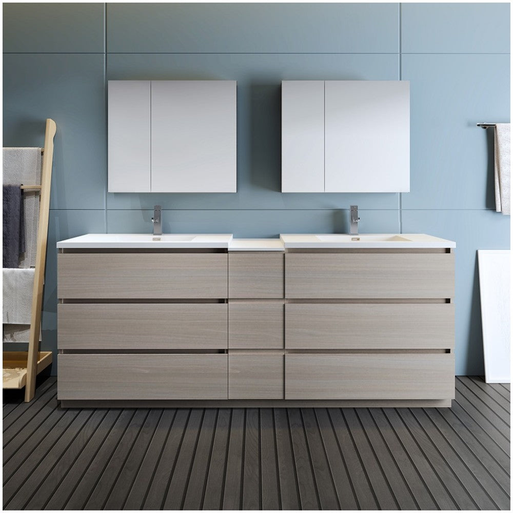 84 Gray Wood Free Standing Double Sink Bathroom Vanity w/ Medicine Cabinet