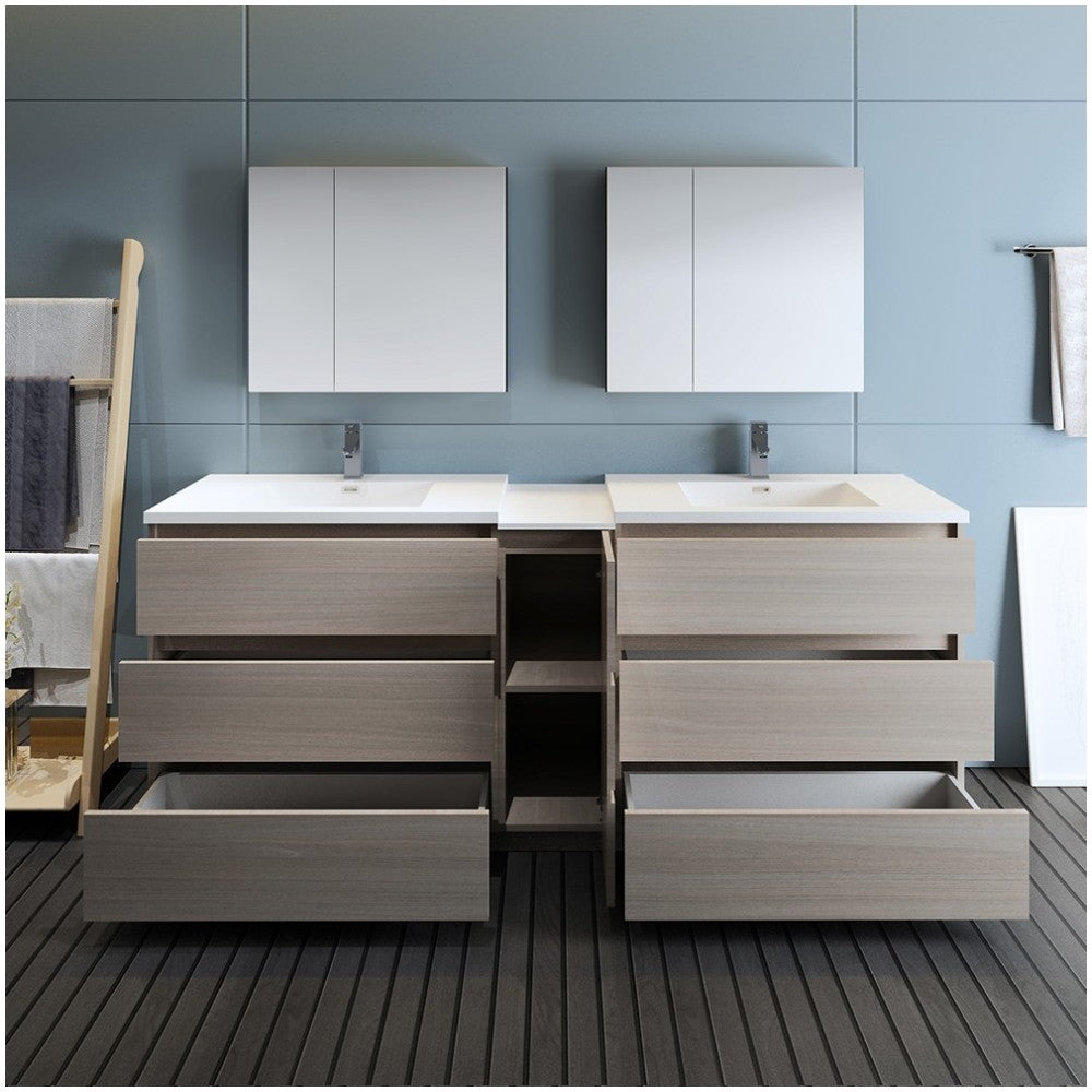 84 Gray Wood Free Standing Double Sink Bathroom Vanity w/ Medicine Cabinet