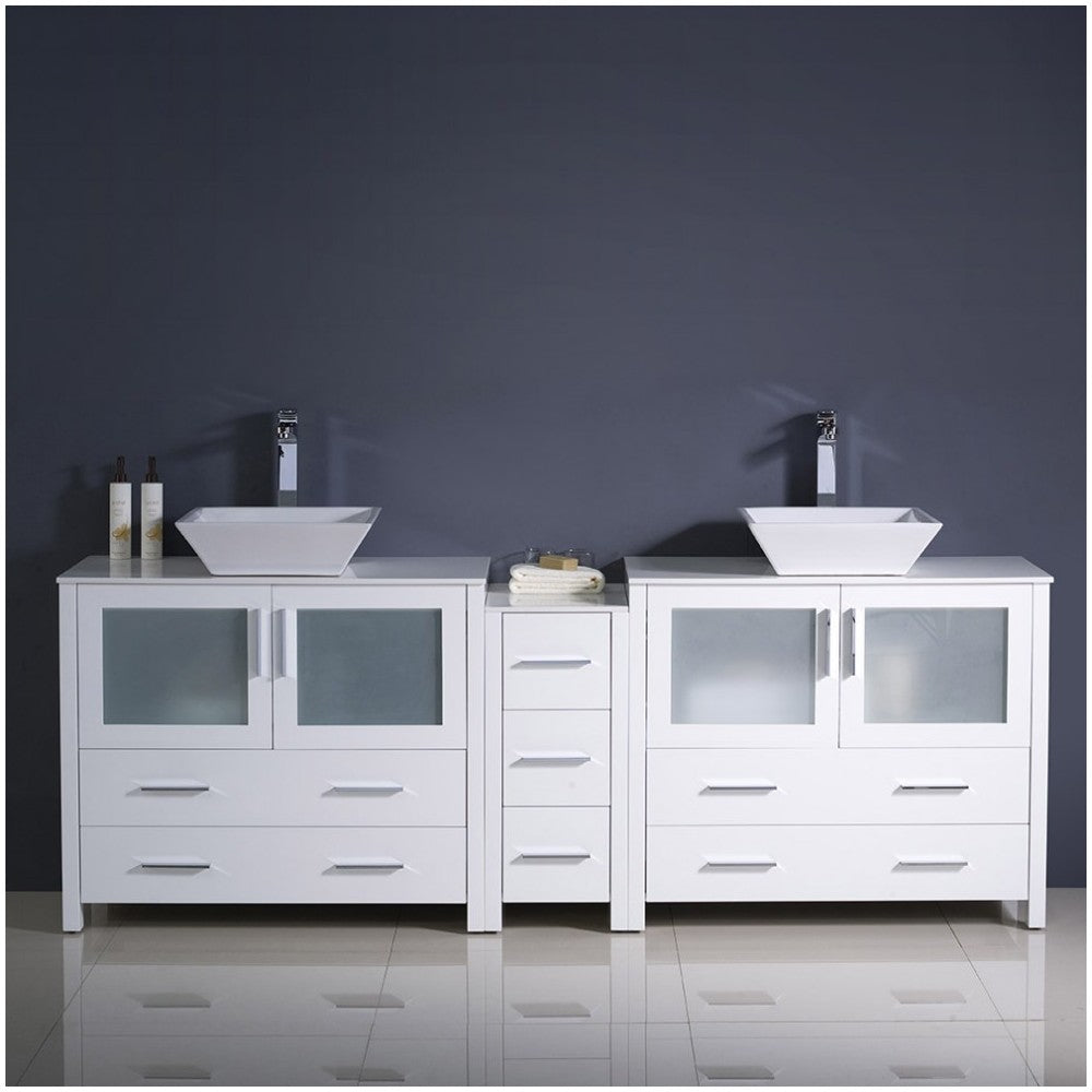 84 White DBL Sink Bathroom Cabinets w/ Tops & Vessel Sinks, FCB62-361236WH-CWH-V