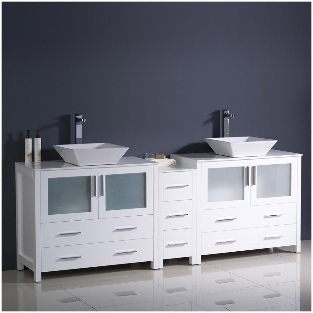 84 White DBL Sink Bathroom Cabinets w/ Tops & Vessel Sinks, FCB62-361236WH-CWH-V