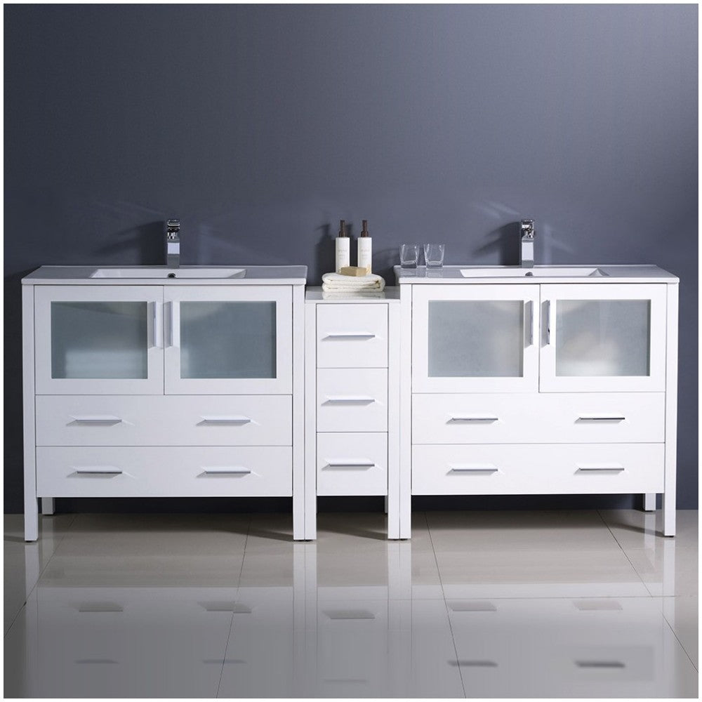 84 White Double Sink Bathroom Cabinets w/ Integrated Sinks, FCB62-361236WH-I