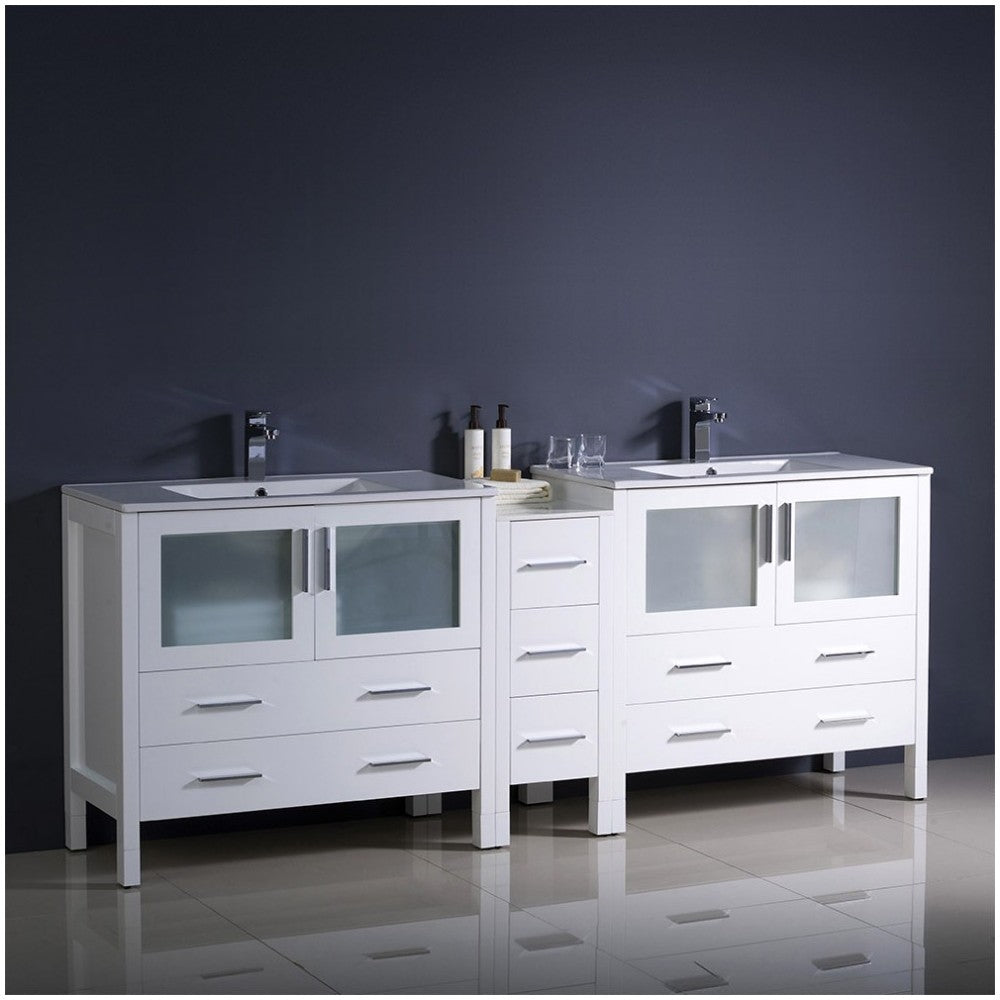 84 White Double Sink Bathroom Cabinets w/ Integrated Sinks, FCB62-361236WH-I