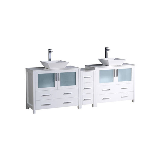 84 White Double Sink Bathroom Cabinets w/ Tops & Vessel Sinks, FCB62-72WH-CWH-V