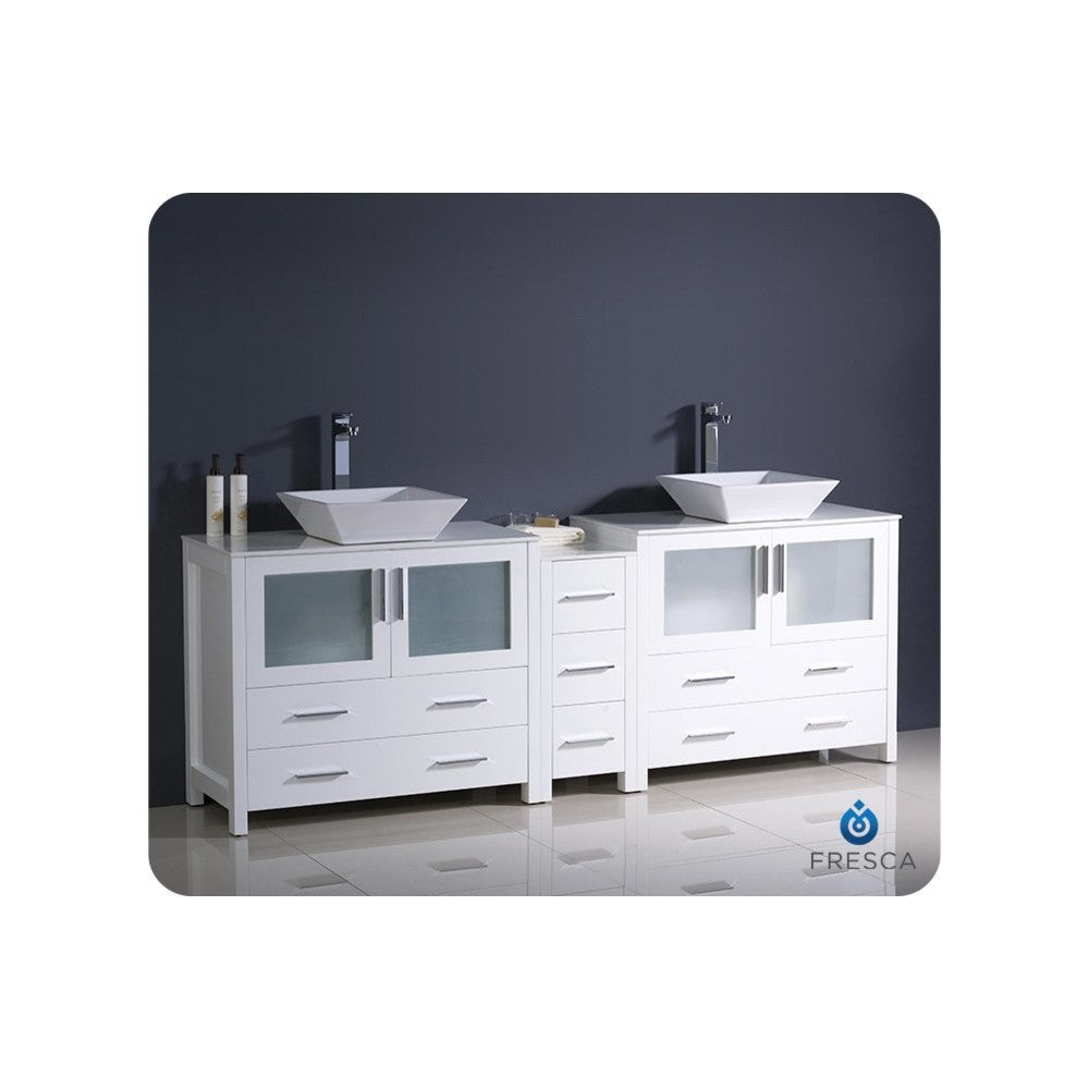 84 White Double Sink Bathroom Cabinets w/ Tops & Vessel Sinks, FCB62-72WH-CWH-V