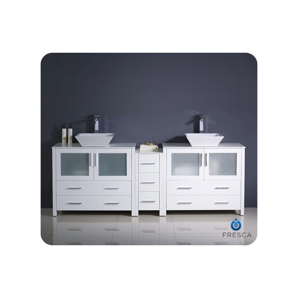 84 White Double Sink Bathroom Cabinets w/ Tops & Vessel Sinks, FCB62-72WH-CWH-V