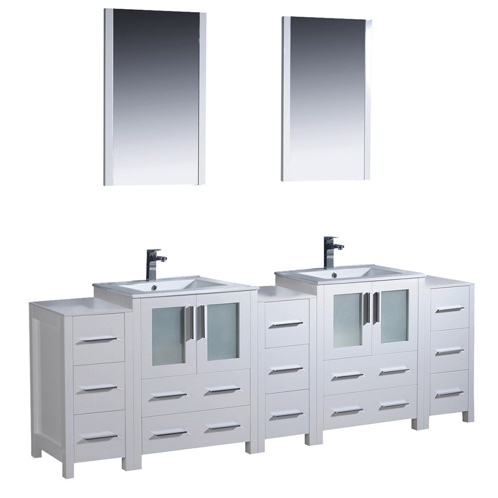 84 White Double Sink Bathroom Vanity w/ 3 Side Cabinets & Integrated Sinks