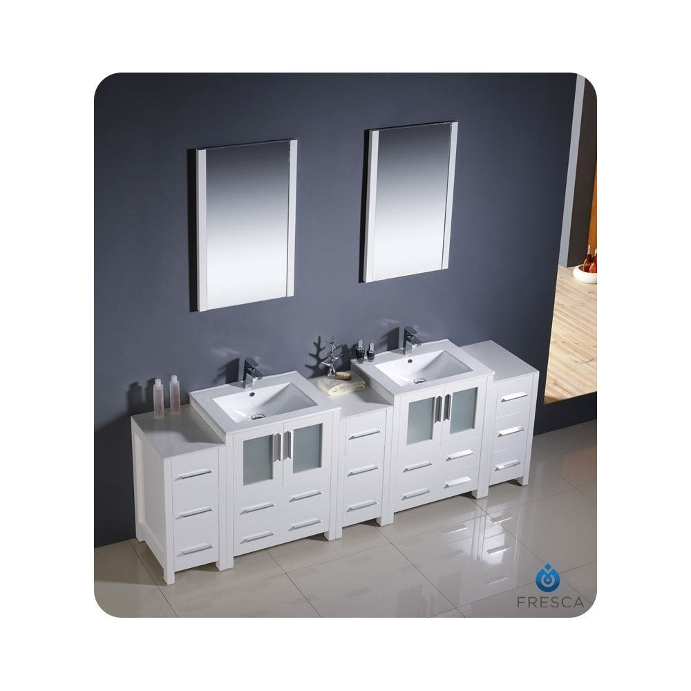 84 White Double Sink Bathroom Vanity w/ 3 Side Cabinets & Integrated Sinks