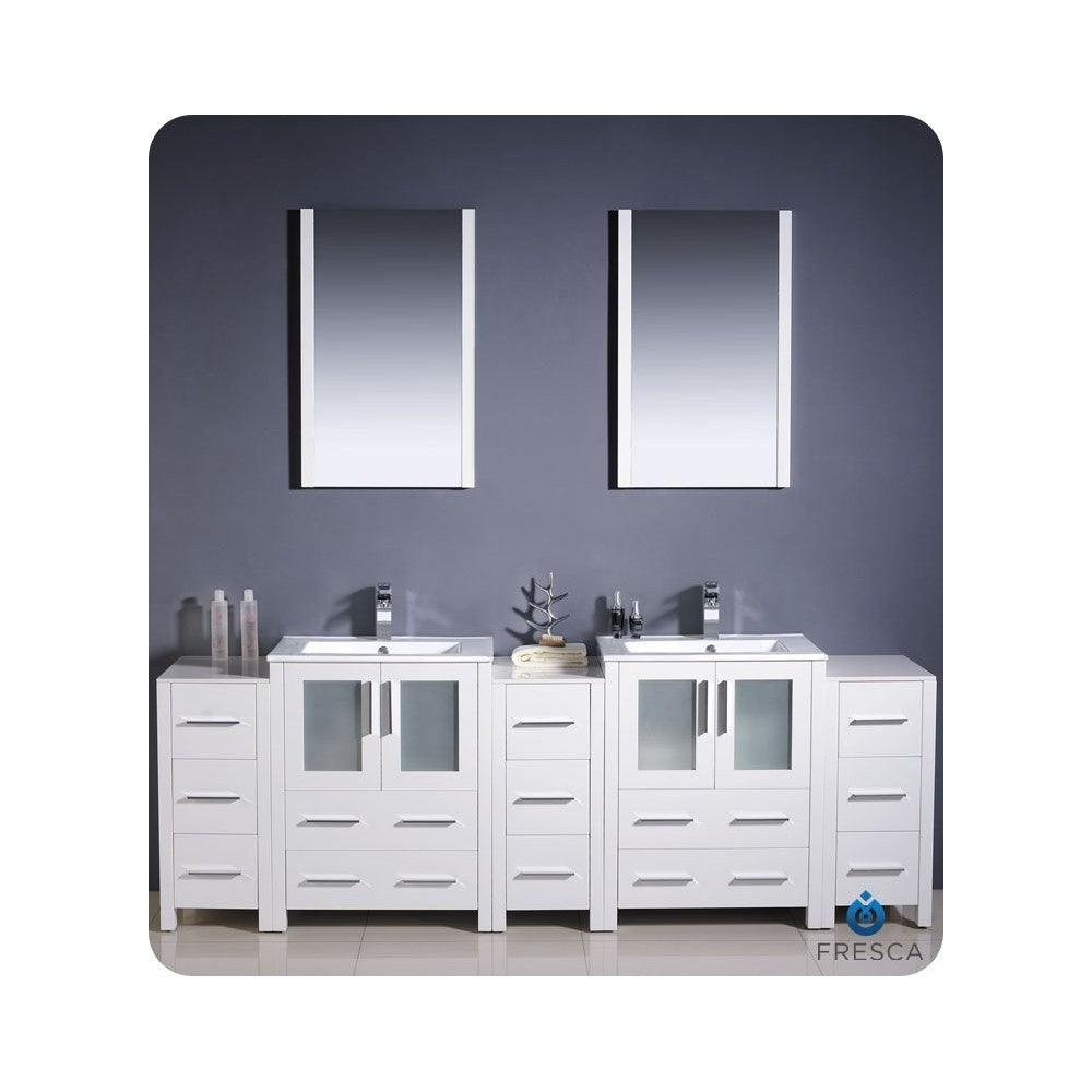 84 White Double Sink Bathroom Vanity w/ 3 Side Cabinets & Integrated Sinks