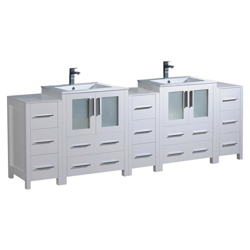 84 White Modern Double Sink Bathroom Cabinets w/ Integrated Sinks, FCB62-72WH-I