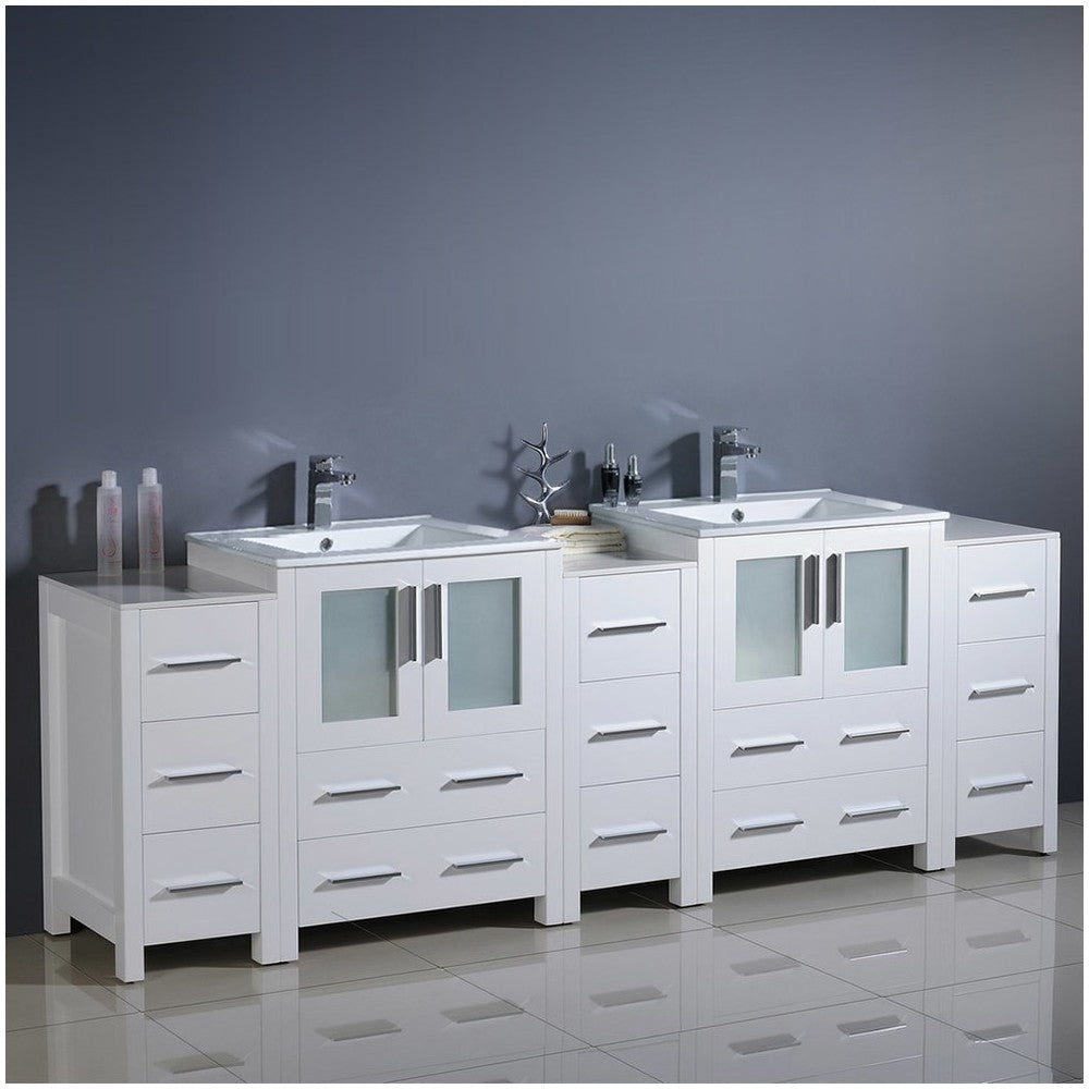 84 White Modern Double Sink Bathroom Cabinets w/ Integrated Sinks, FCB62-72WH-I