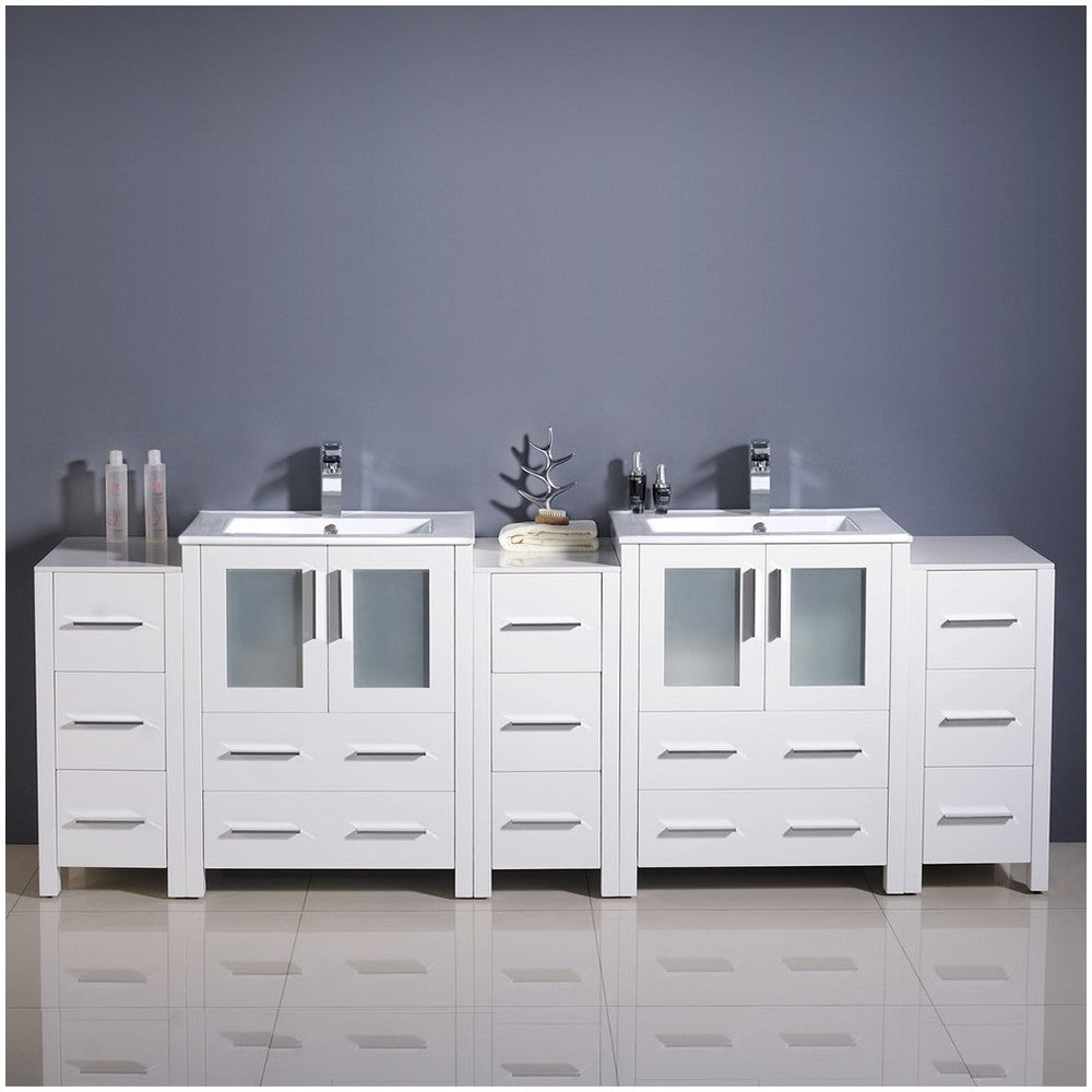 84 White Modern Double Sink Bathroom Cabinets w/ Integrated Sinks, FCB62-72WH-I