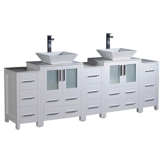 84 White Modern Double Sink Bathroom Vanity w/ 3 Side Cabinets & Vessel Sinks