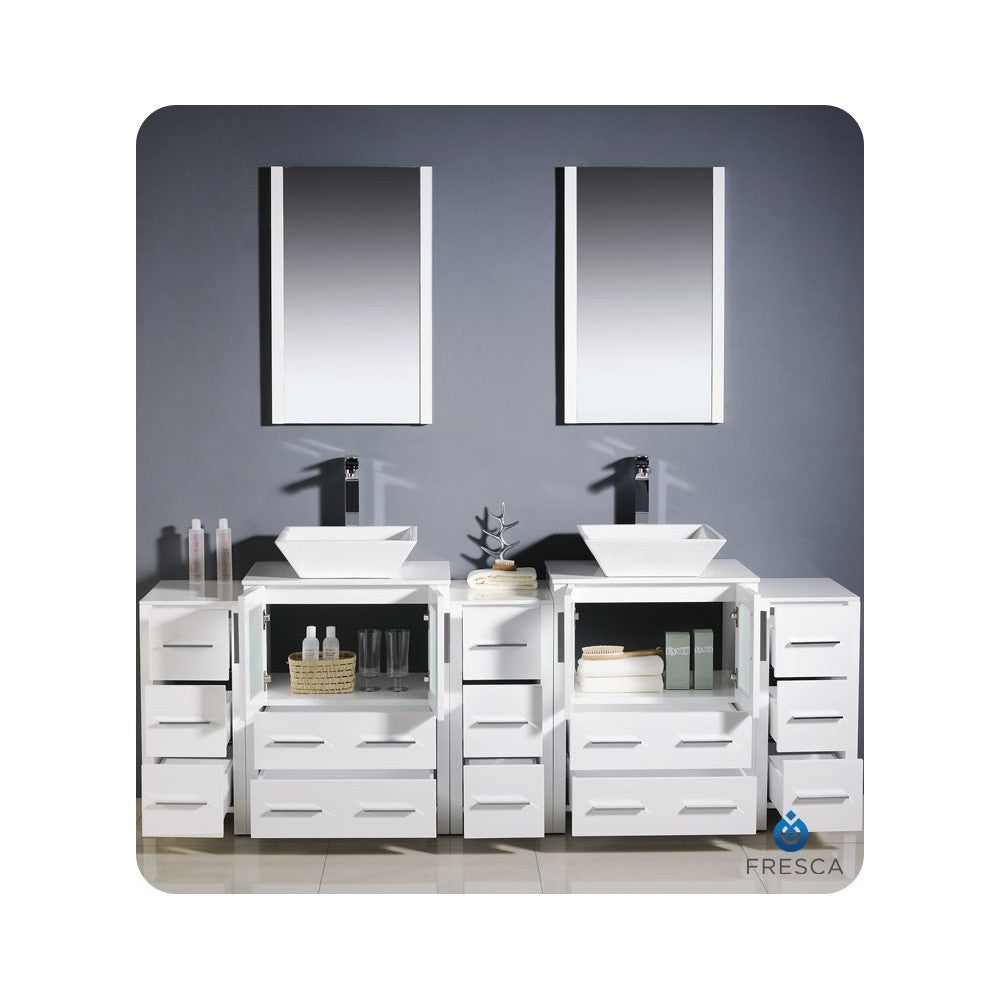 84 White Modern Double Sink Bathroom Vanity w/ 3 Side Cabinets & Vessel Sinks